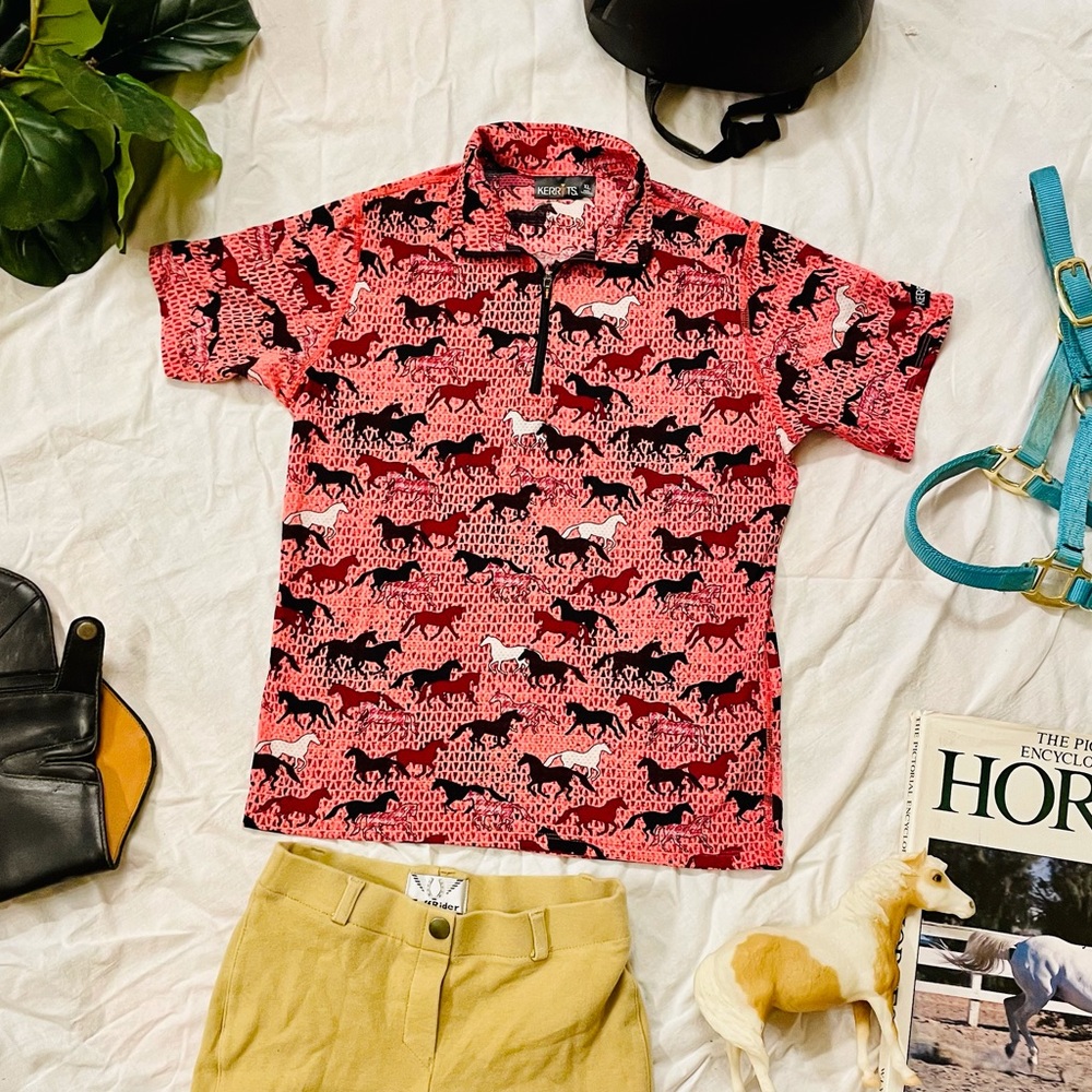 Kerrits Ice Fil pink Horse Patterned Gitls XL Riding Shirt